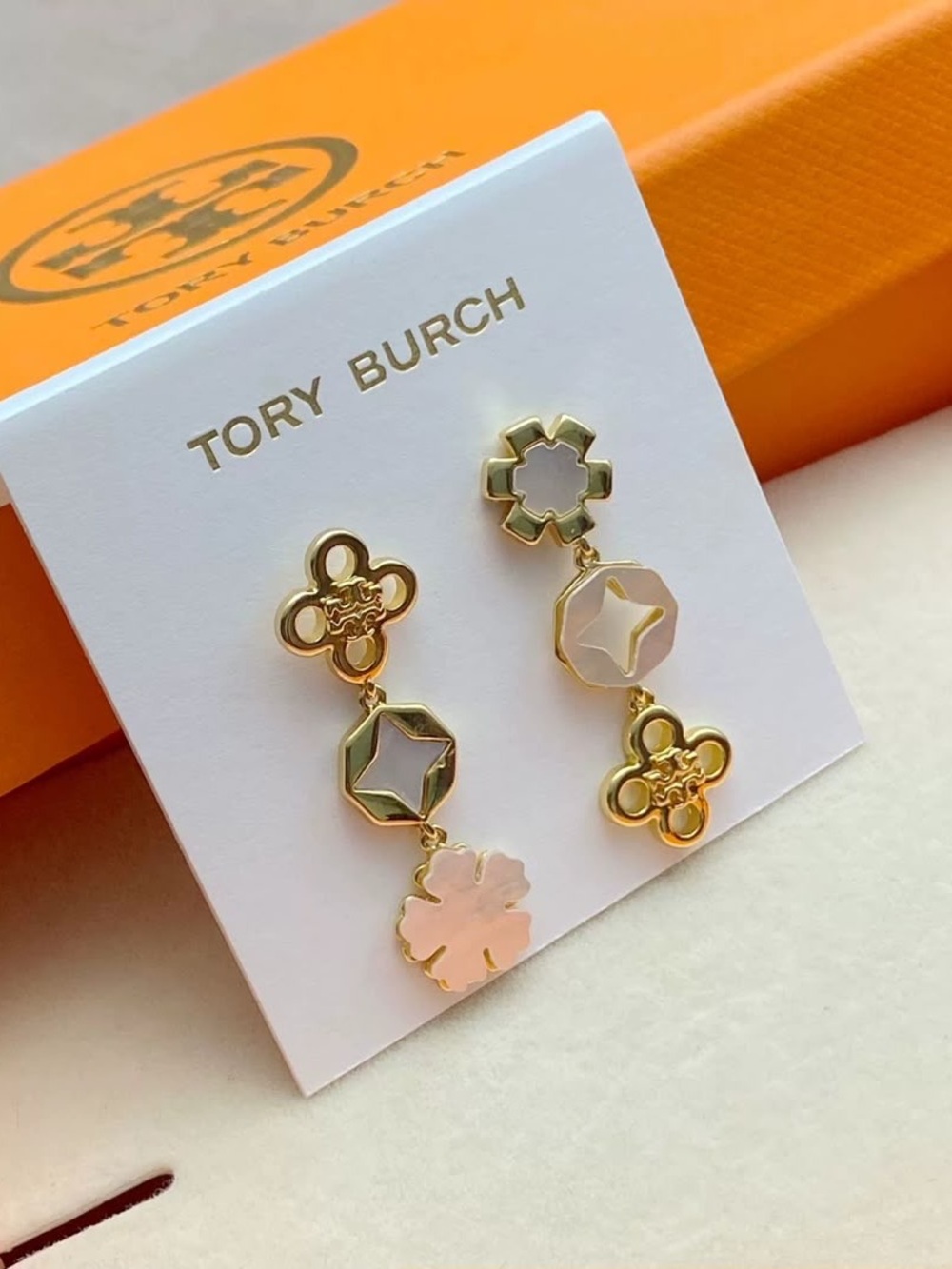 Tory Burch Gold and Light Pink Dangle Earrings